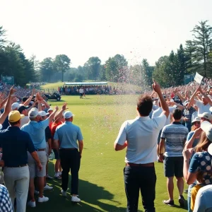 Golf tournament scene with spectators and a player celebrating a victory.