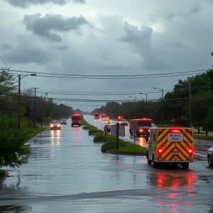 Flooded street in Dallas during a severe thunderstorm
