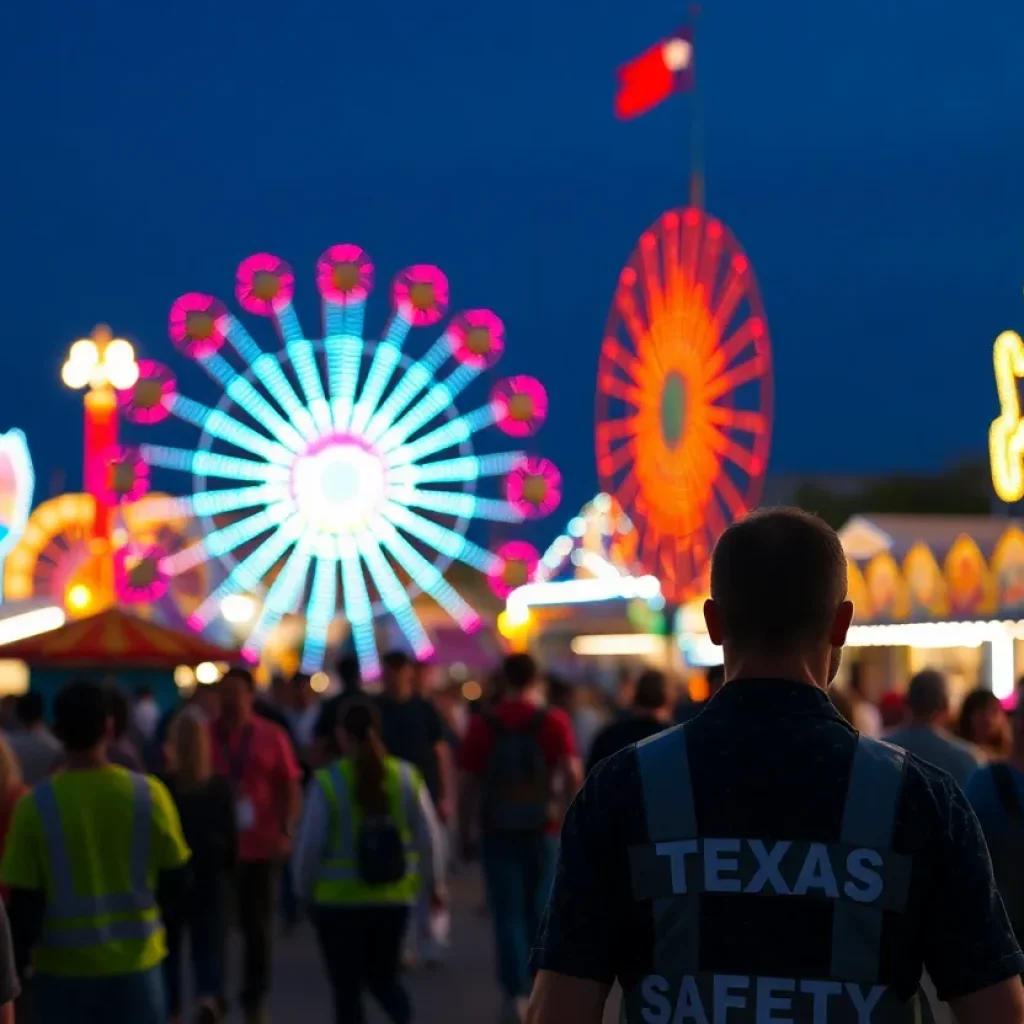 Crowd enjoying activities at the State Fair of Texas with safety measures in the background.