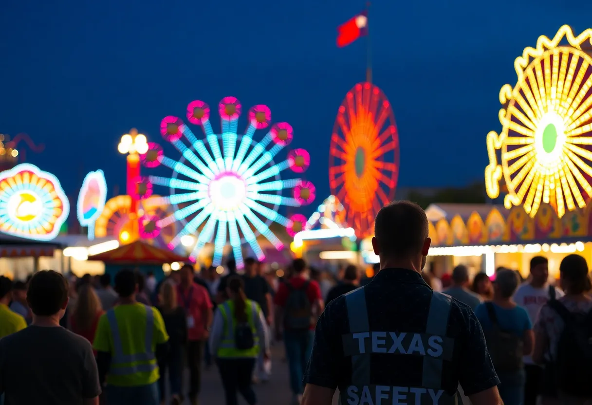 Crowd enjoying activities at the State Fair of Texas with safety measures in the background.