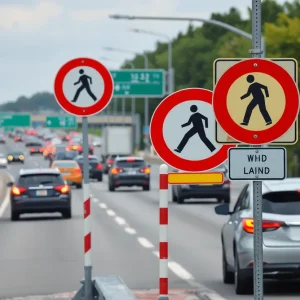 Pedestrian crossing sign on a busy highway
