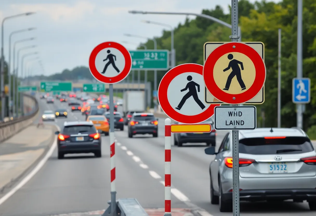 Pedestrian crossing sign on a busy highway