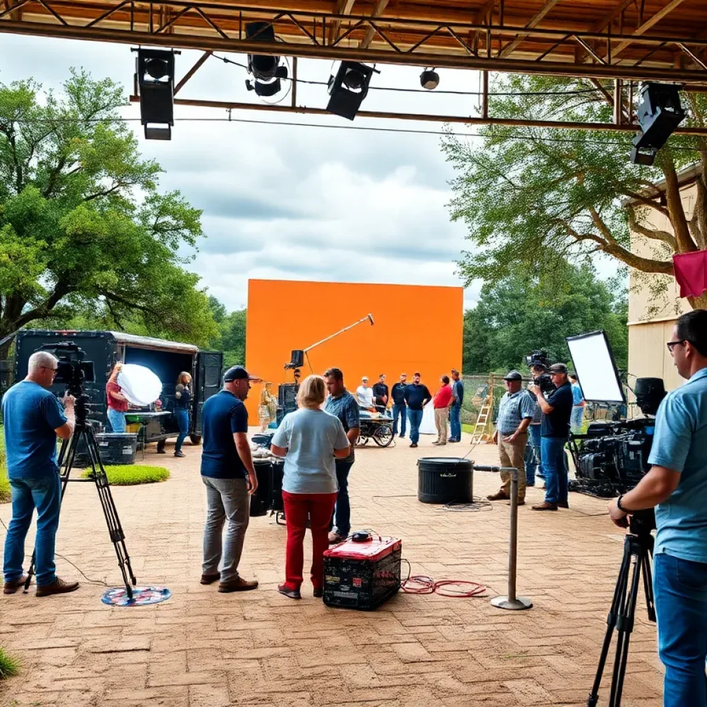 Texas film production set with crew and equipment