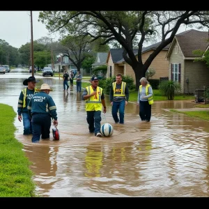 Emergency responders assisting in a flood-affected area in Texas
