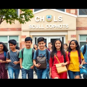 Students in front of a school building representing educational choices