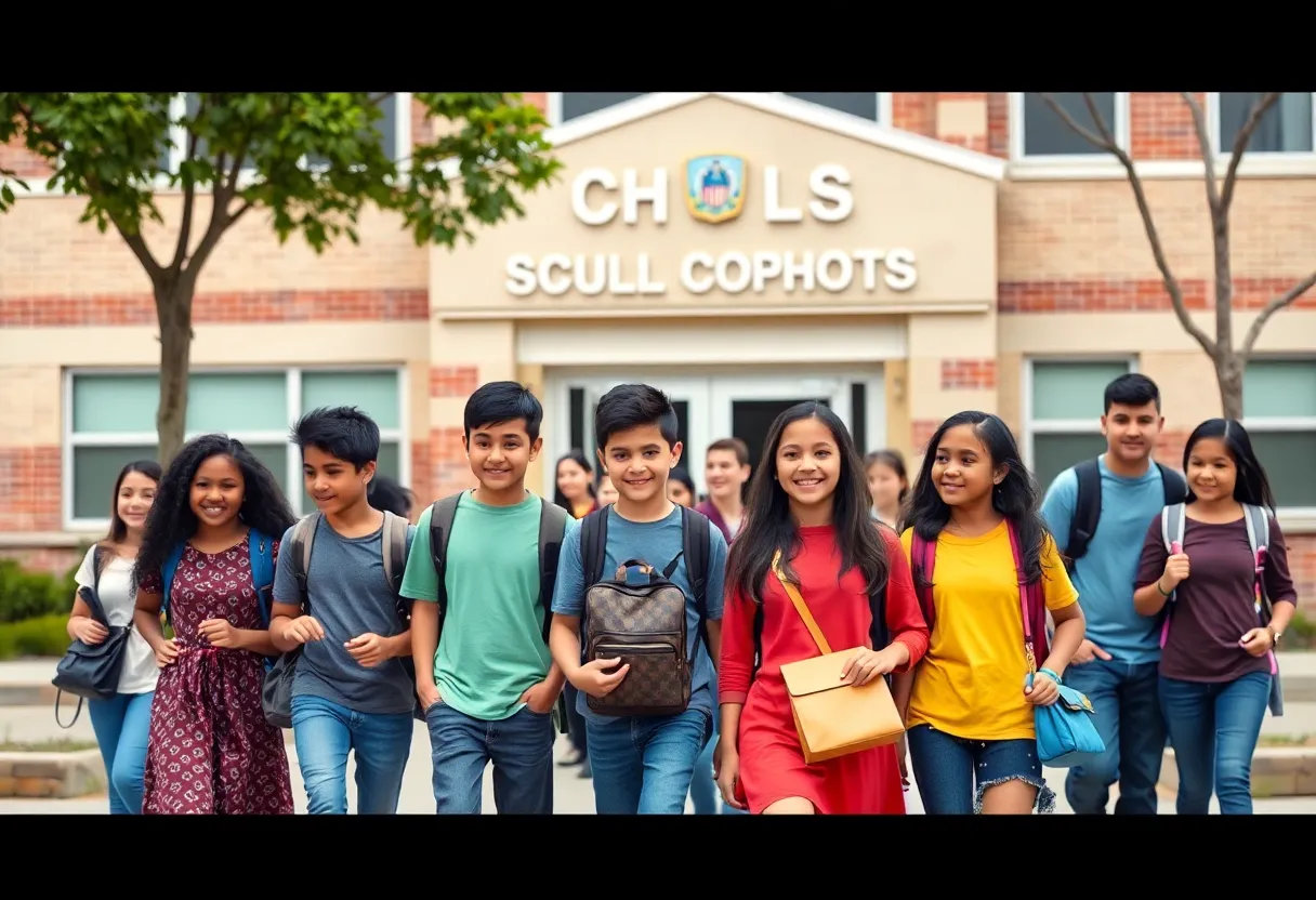Students in front of a school building representing educational choices