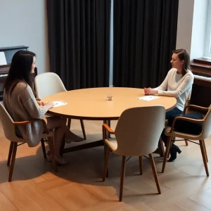 Minimalist set for The Foursome, featuring a card table and four chairs