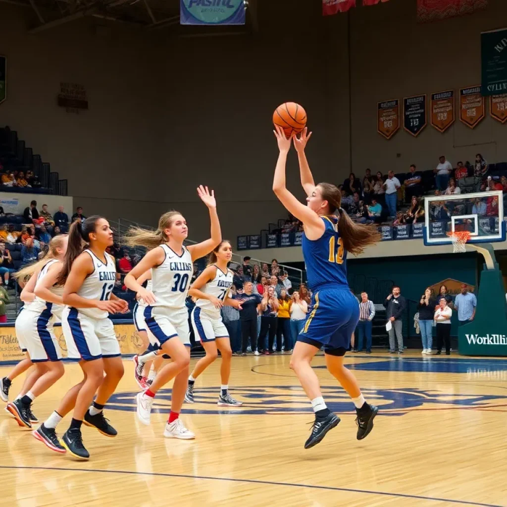 Women playing basketball on a university court
