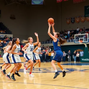Women playing basketball on a university court