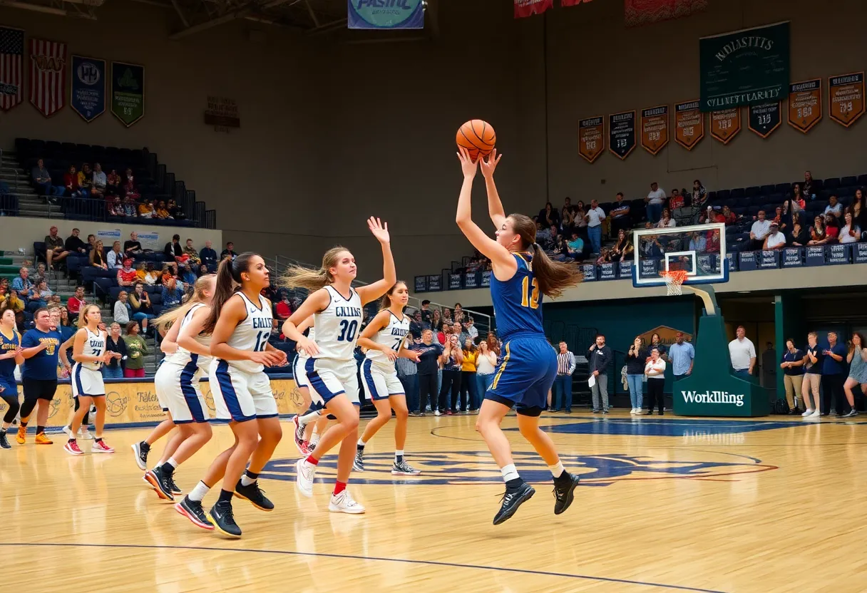 Women playing basketball on a university court