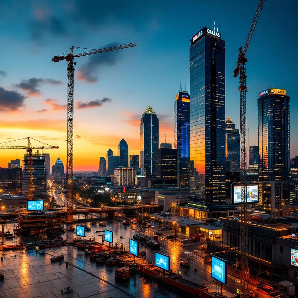 Dallas skyline with construction sites using modern technology.