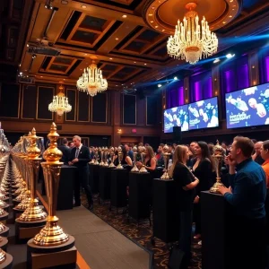Awards ceremony honoring Clark and Dan Hunt for their contributions to sports