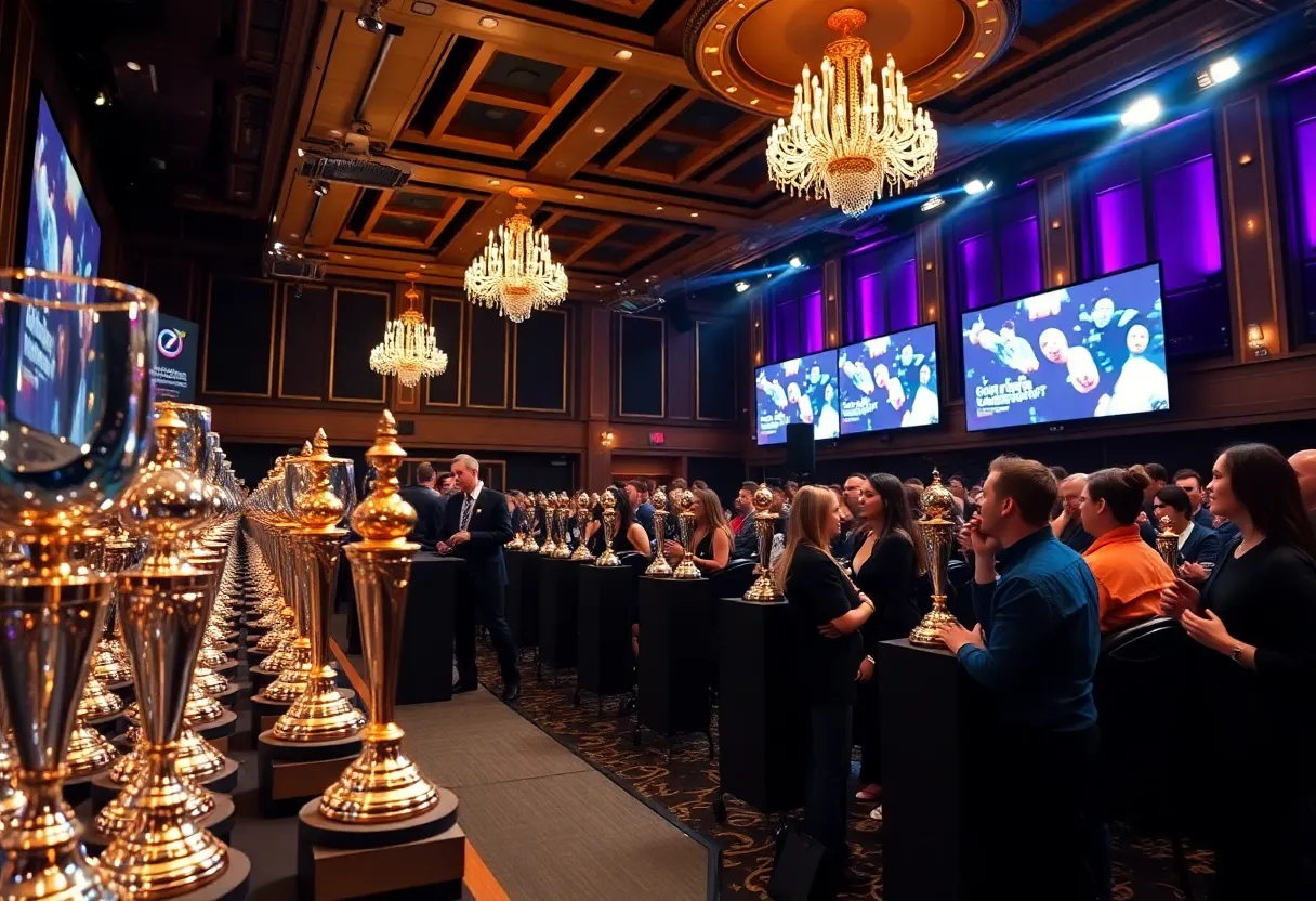 Awards ceremony honoring Clark and Dan Hunt for their contributions to sports