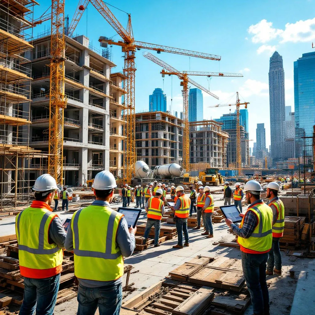 Construction workers collaborating at a project site in Dallas using ERP systems.
