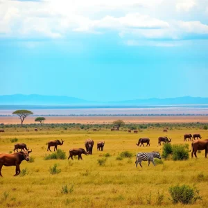 A beautiful view of the African savanna with various wildlife in the background.