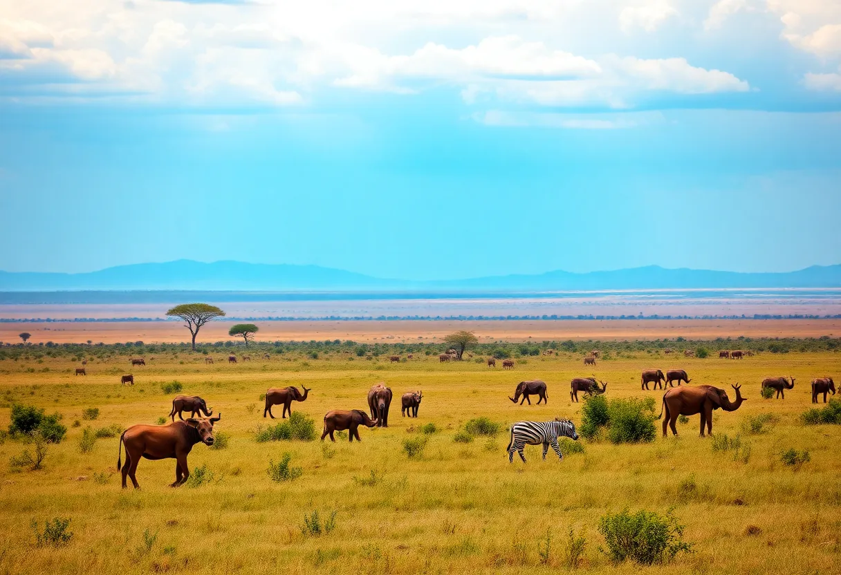 A beautiful view of the African savanna with various wildlife in the background.