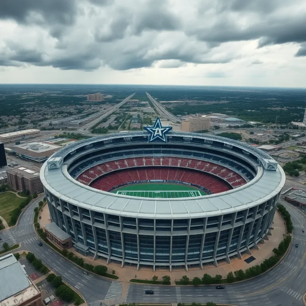 Aerial view of AT&T Stadium with stormy weather clouds