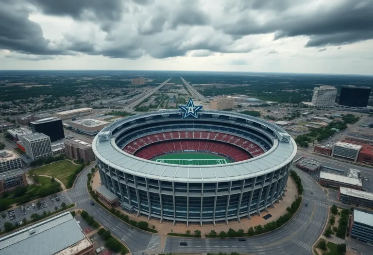 Aerial view of AT&T Stadium with stormy weather clouds