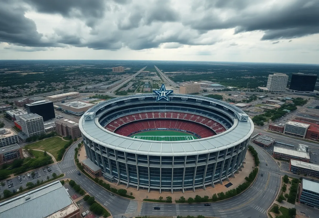 Aerial view of AT&T Stadium with stormy weather clouds