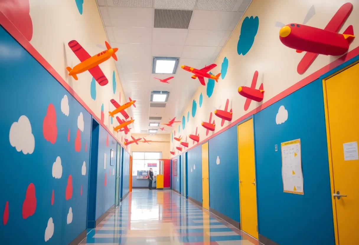 Hallway decorated for back to school with planes and clouds