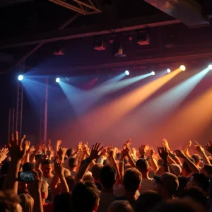Crowd enjoying a concert with colorful lights
