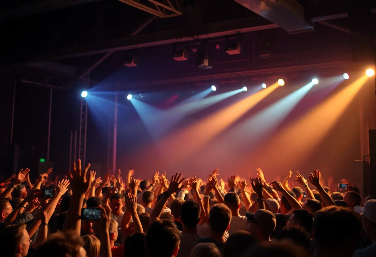 Crowd enjoying a concert with colorful lights