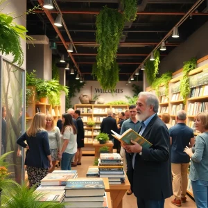 Crowd at Barnes & Noble Rockwall grand opening event with nature exhibits.