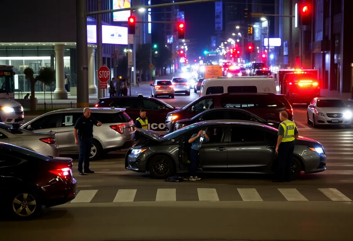 Scene of a multi-vehicle crash in the Bishop Arts District, emergency responders attending to injured individuals.