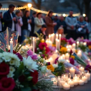 Vigil with candles and flowers in remembrance of the victims of a tragic Dallas crash