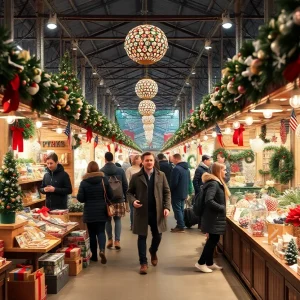 Holiday market with shoppers and vendor booths at Chi Omega Christmas Market