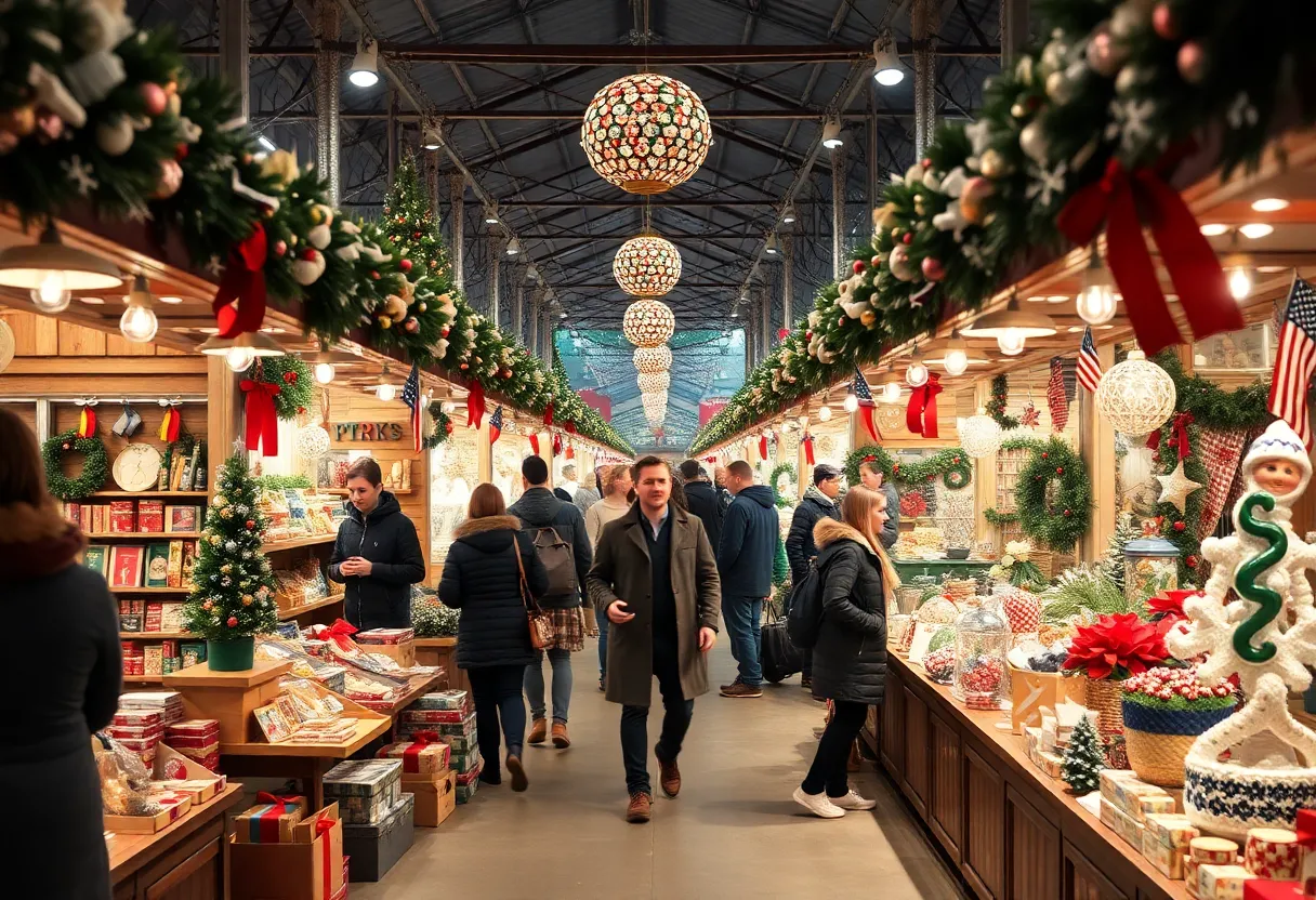 Holiday market with shoppers and vendor booths at Chi Omega Christmas Market