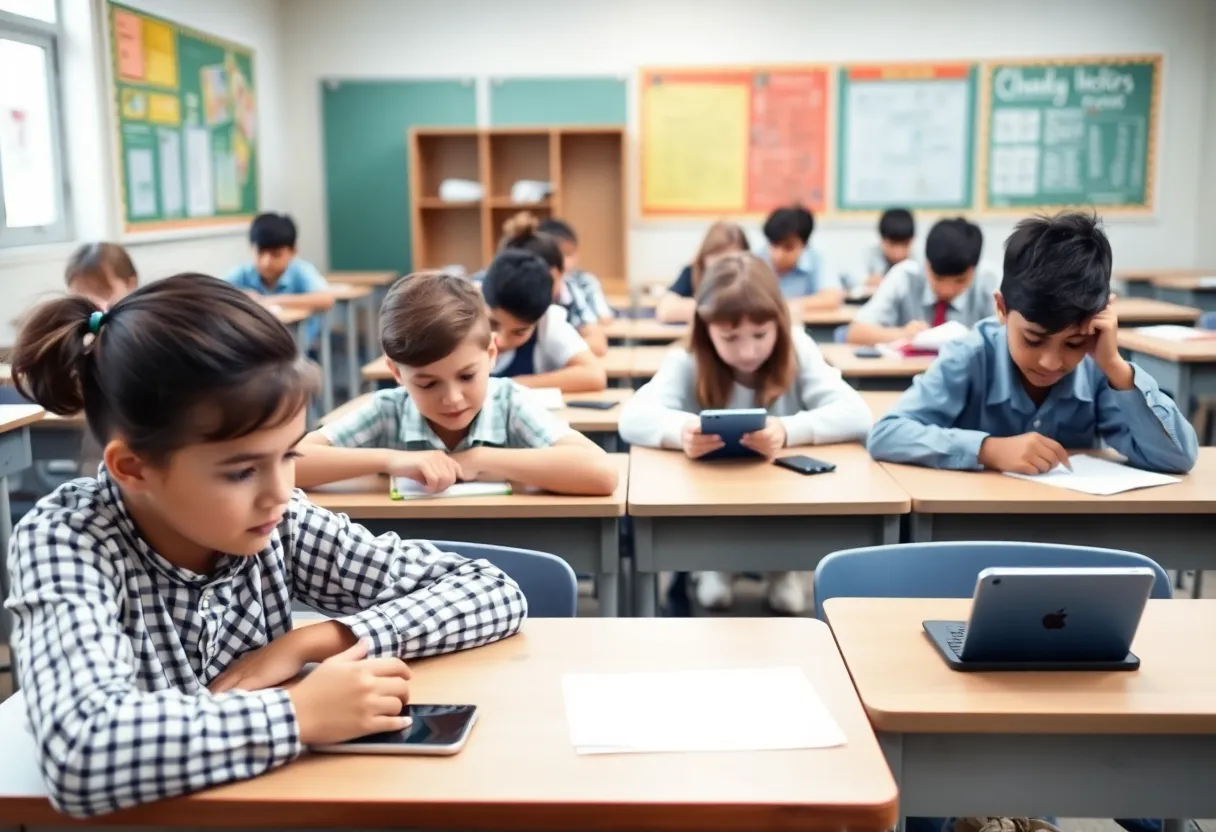 Students engaged in a learning activity in a classroom with no cellphones visible.