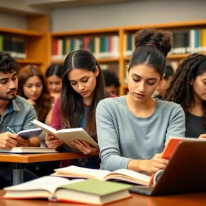 A group of college students studying together, appearing concerned about tuition fees in a library.