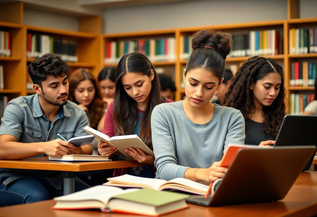 A group of college students studying together, appearing concerned about tuition fees in a library.