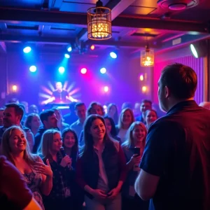 A comedian performing at the Dallas Comedy Club with an enthusiastic audience.