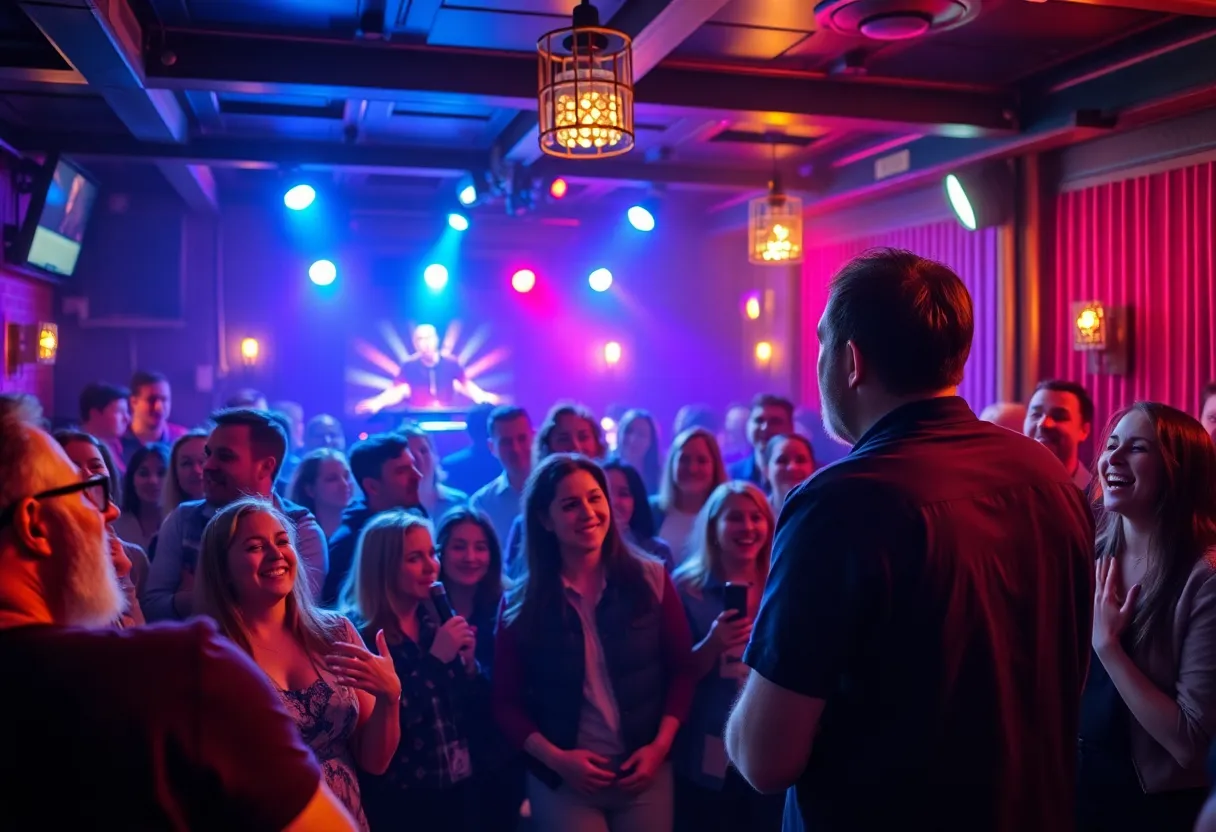 A comedian performing at the Dallas Comedy Club with an enthusiastic audience.