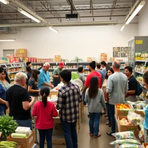 Volunteers assisting families at a community food pantry in Arlington, Texas