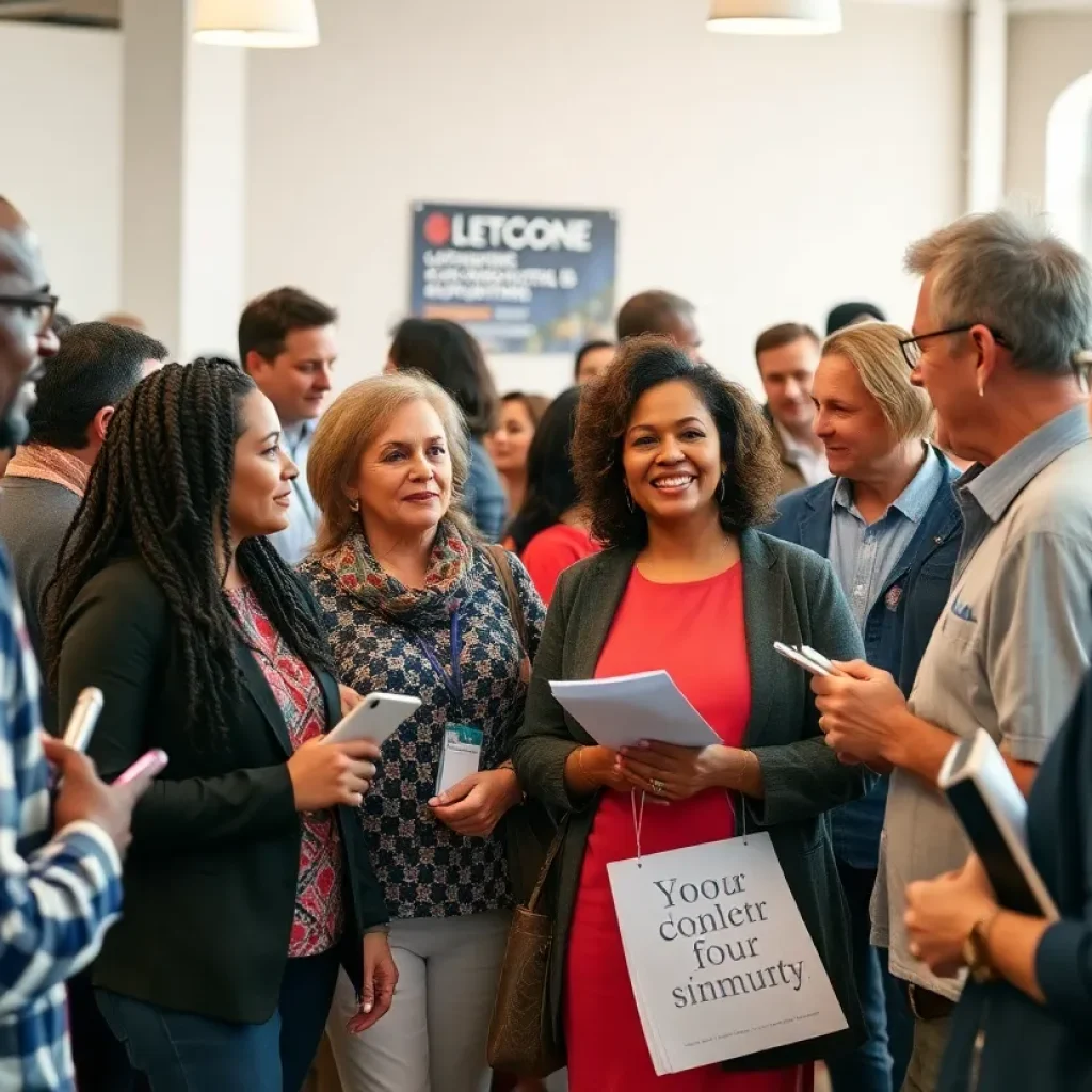 People gathered in a community setting discussing local journalism and events.