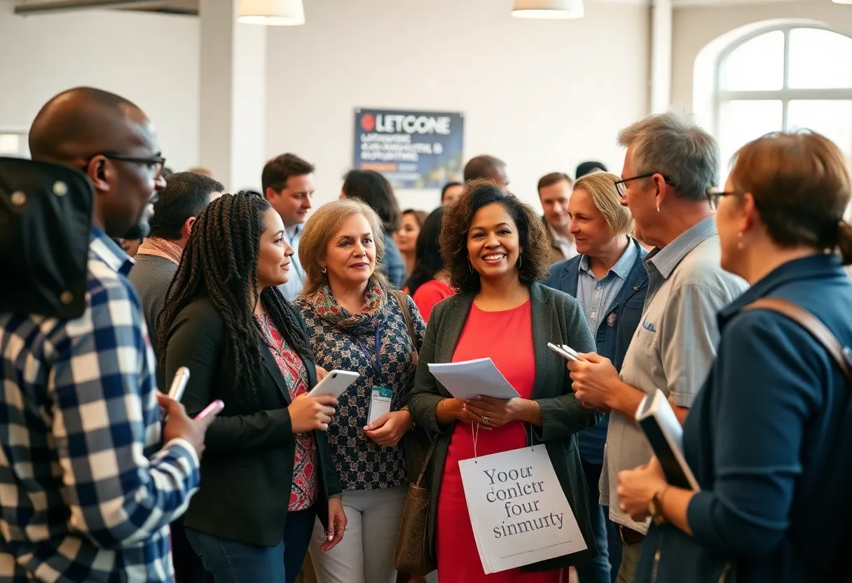 People gathered in a community setting discussing local journalism and events.