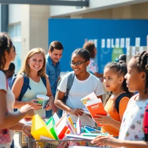 Families at a Dallas back-to-school event collecting supplies.