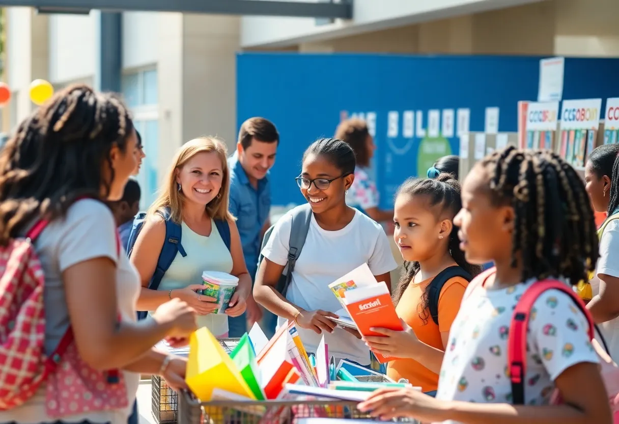 Families at a Dallas back-to-school event collecting supplies.