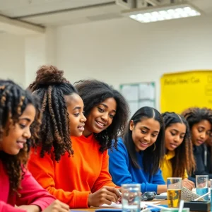 Diverse high school students collaborating in a STEM classroom