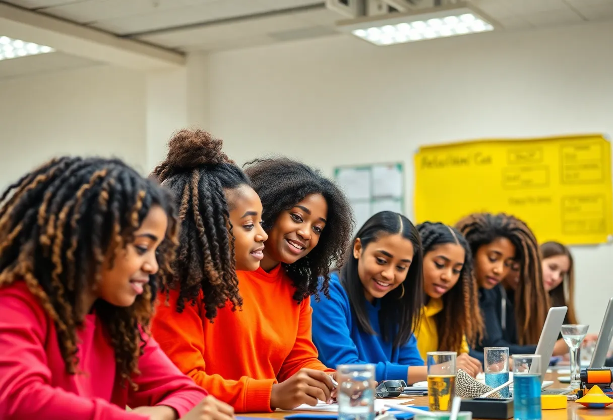 Diverse high school students collaborating in a STEM classroom