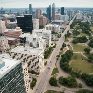 Aerial view of Dallas cityscape with parks and streets.