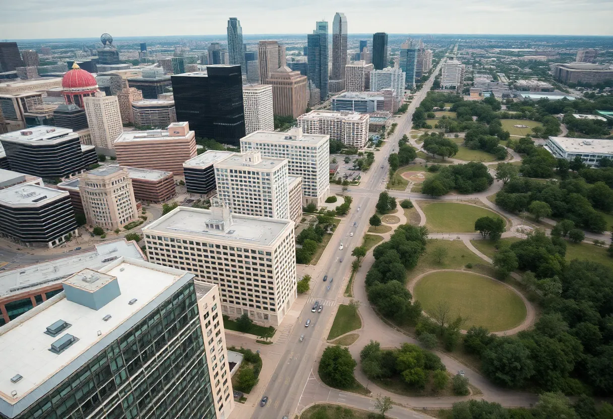 Aerial view of Dallas cityscape with parks and streets.