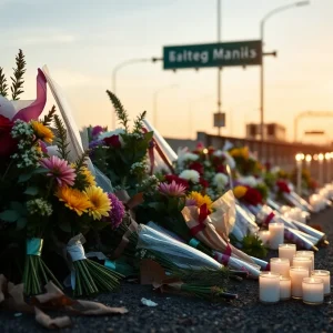 Memorial site with flowers for victims of a tragic crash in Dallas.