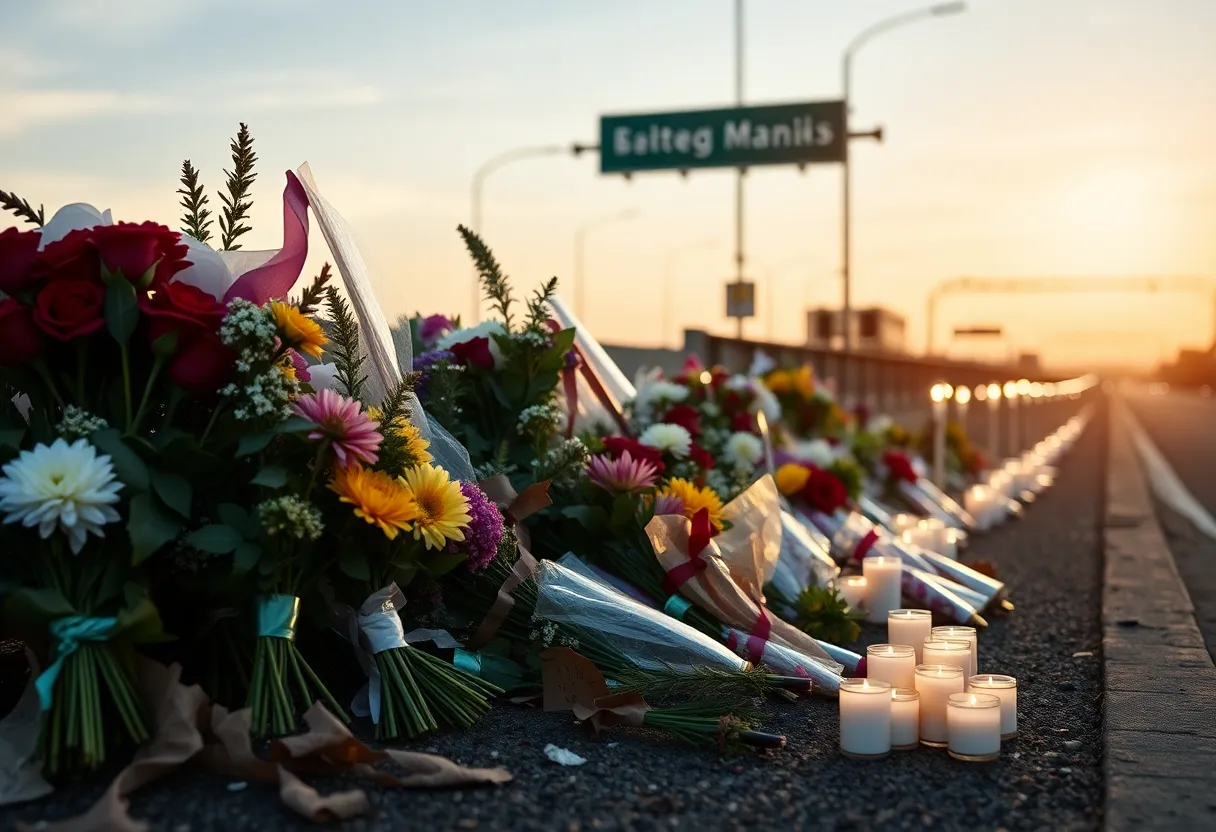 Memorial site with flowers for victims of a tragic crash in Dallas.