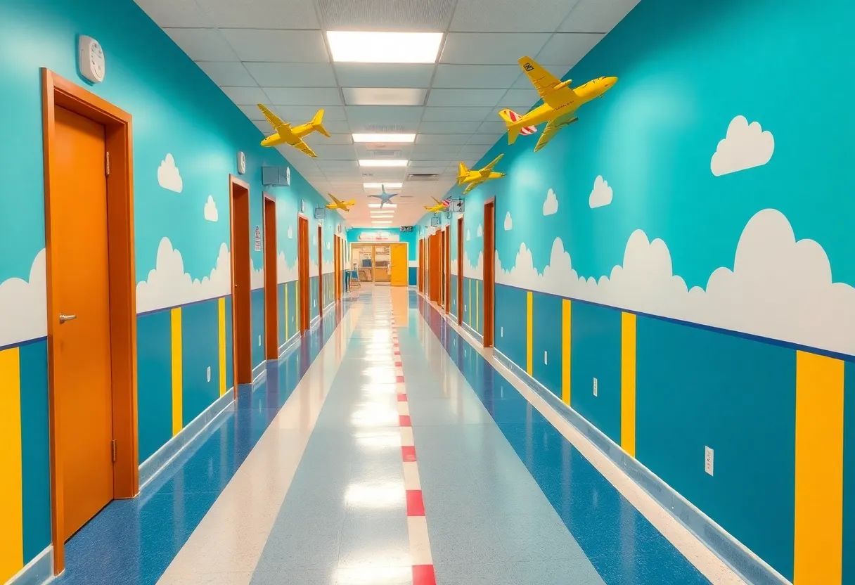 Vibrant hallway of Dallas Elementary School decorated with planes and clouds.