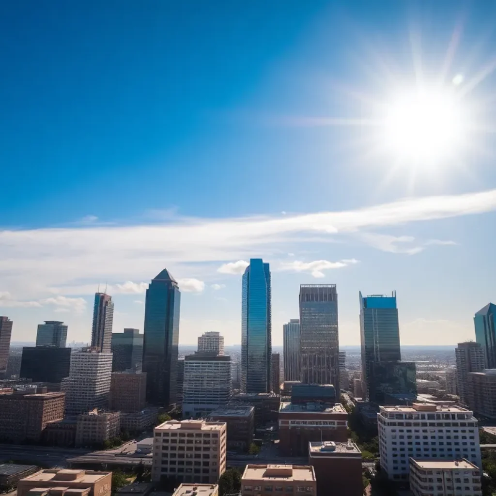 Dallas skyline under extreme heat with clear skies