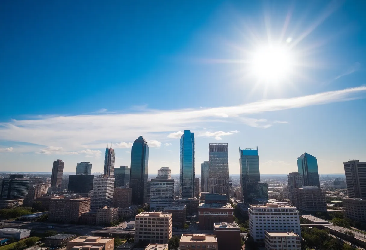 Dallas skyline under extreme heat with clear skies